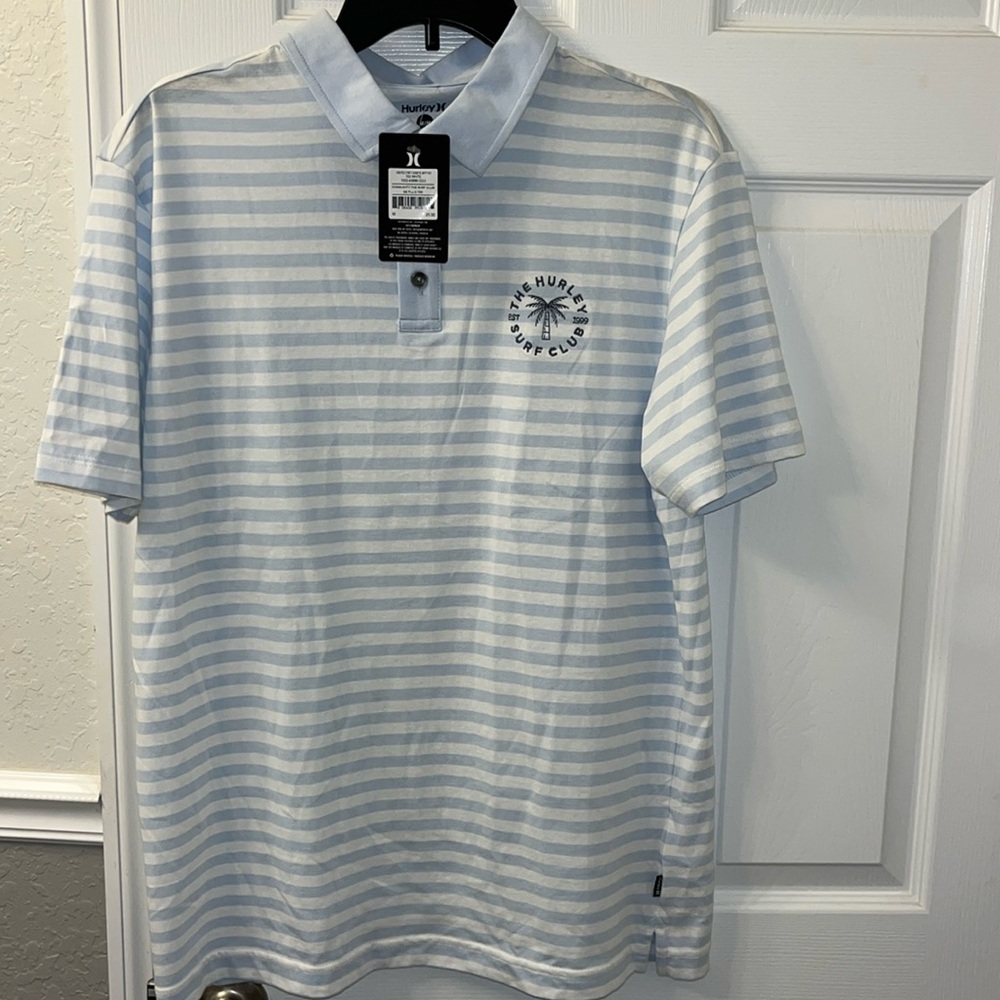Hurley Surf Club Striped Polo NWT Blue White Medium Cotton
